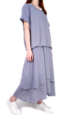 雪紡假兩件束帶連身裙 - 灰藍色 - Chic Collection