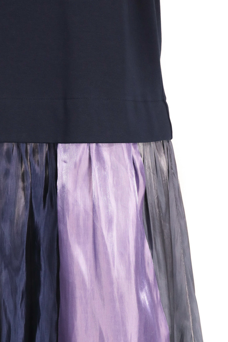 絲絹拼色連身裙 - 深藍色 - Chic Collection