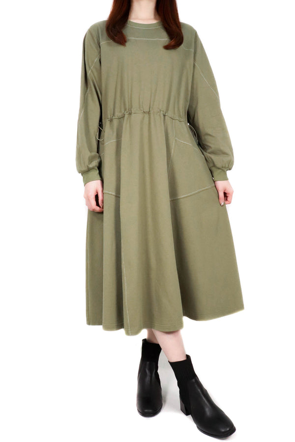 明線棉質連身裙 - 綠色 - Chic Collection