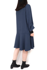 立體層次拼袖雪紡連身裙 - 藍色 - Chic Collection