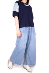 金閃立體袖綿質上衣 (日本拼意大利布料) - 深藍色 - Chic Collection