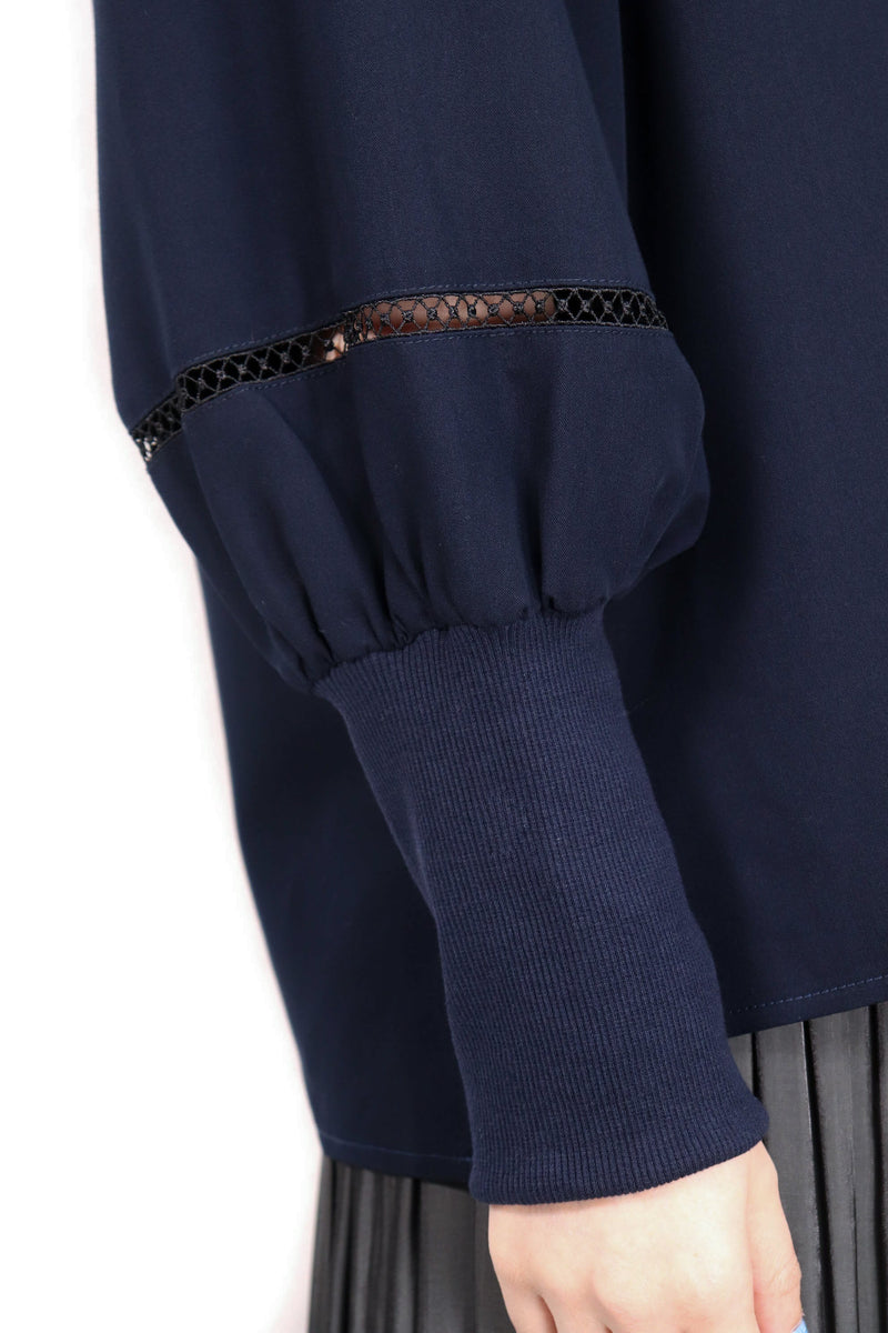 心形鈕扣鏤空造型羅紋袖裇 - 深藍色 - Chic Collection