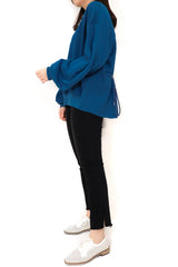 後腰束帶寬袖綿質上衣 - 藍色 - Chic Collection