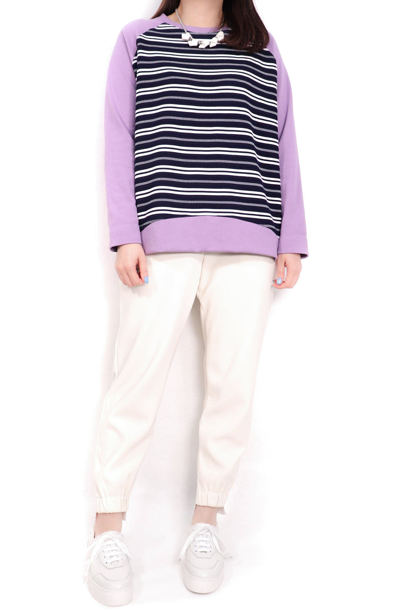 質感橫間接拼綿質上衣 - 紫色 - Chic Collection