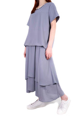 雪紡假兩件束帶連身裙 - 灰藍色 - Chic Collection