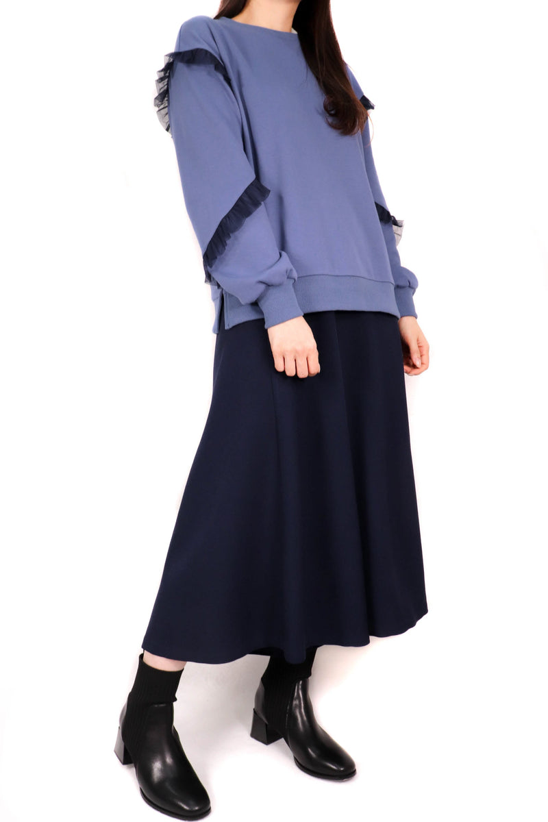 網紗拼袖綿質上衣(日本布料) - 藍色 - Chic Collection