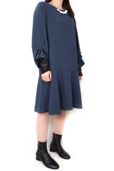 立體層次拼袖雪紡連身裙 - 藍色 - Chic Collection