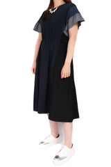 兩側風衣拼色束腰綿質連身裙 - 深藍色 - Chic Collection