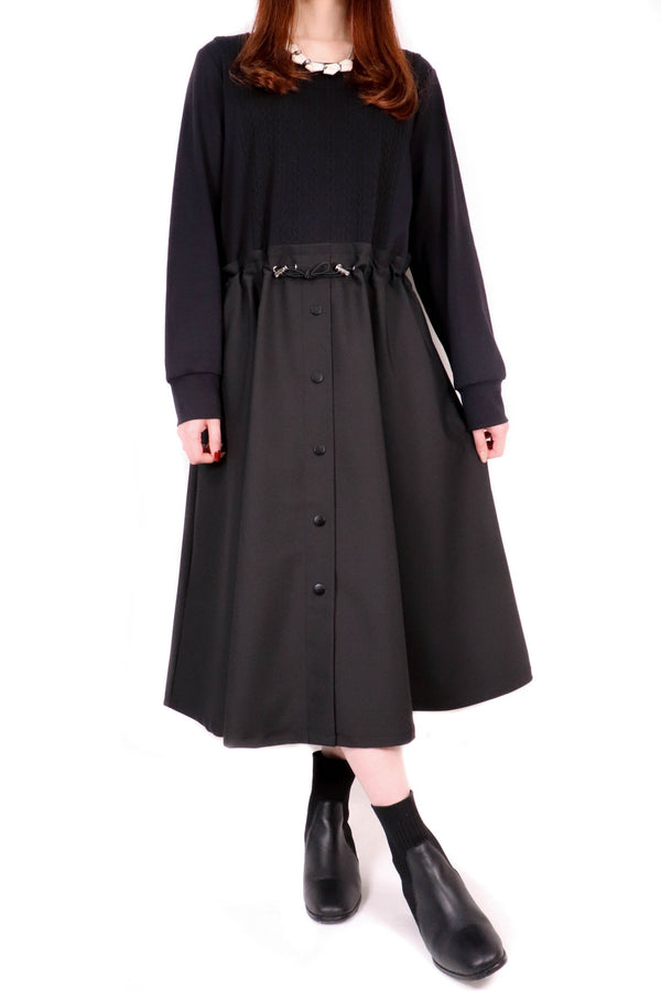 扭紋接拼束帶連身裙 (拼日本布料) - 黑色 - Chic Collection