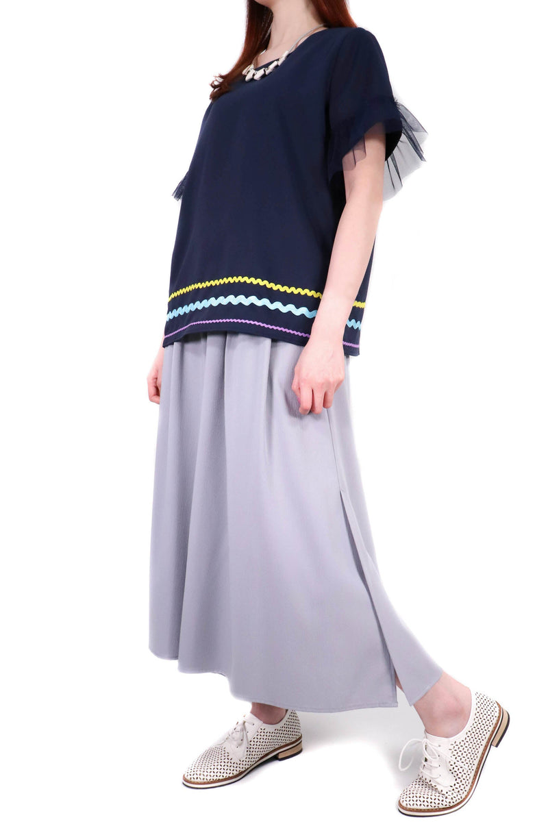 波浪帶撞色網紗拼袖上衣 (日本布料) - 深藍色 - Chic Collection