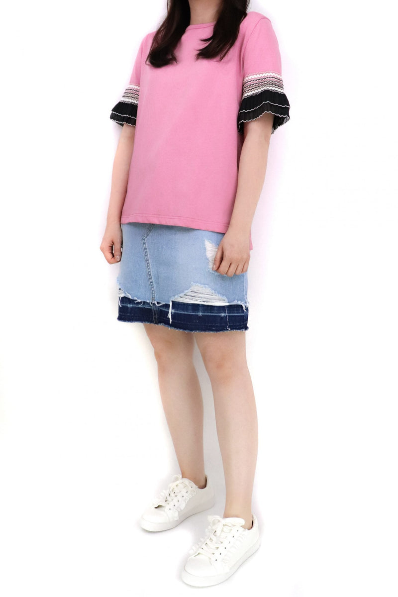 百摺拼袖綿質上衣 - 粉紅色 - Chic Collection