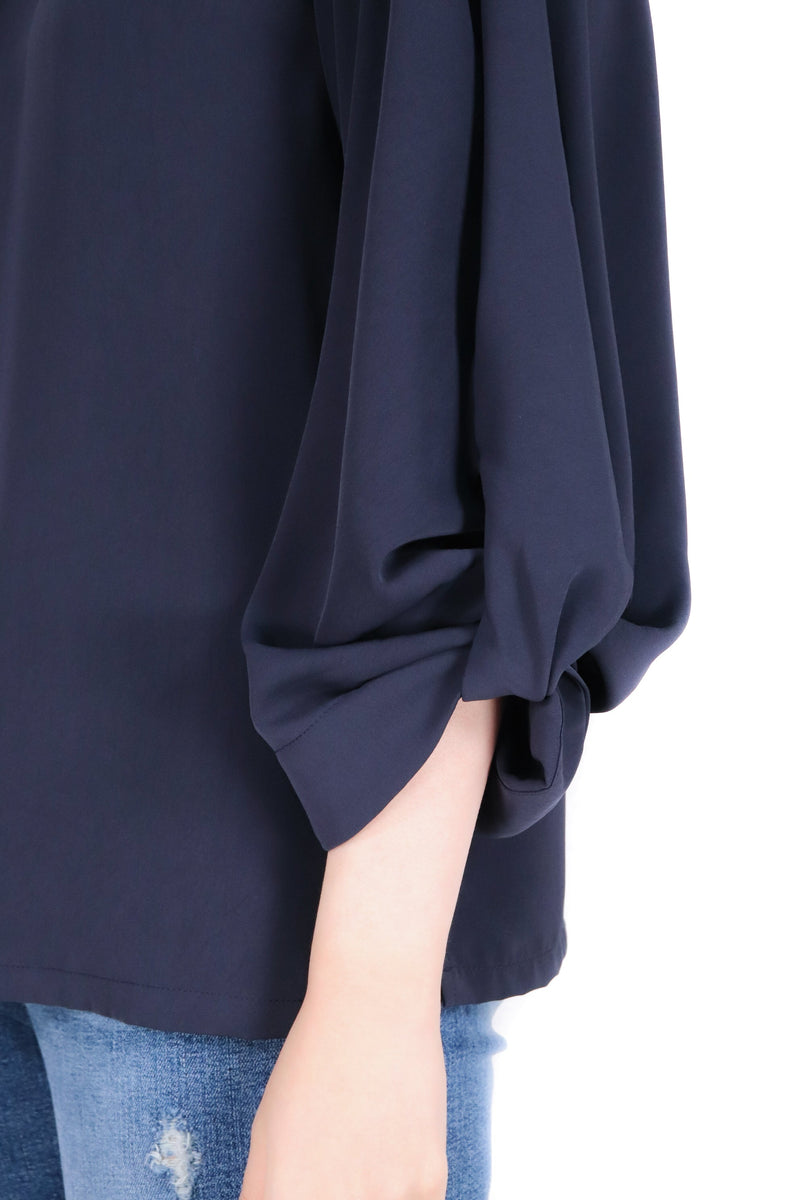 立體扭結袖上衣 (日本布料) - 深藍色 - Chic Collection