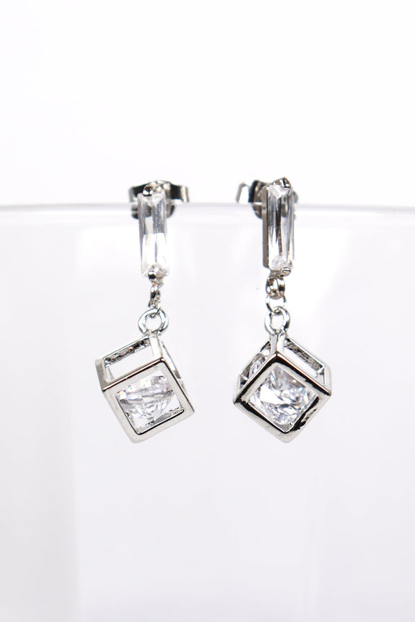 立體方框閃石耳環 (銀針) - 銀色 - Chic Collection