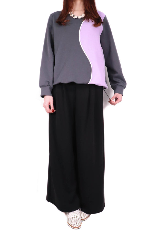流線左右拼色棉質上衣 (日本布料) - 灰色拼紫色 - Chic Collection