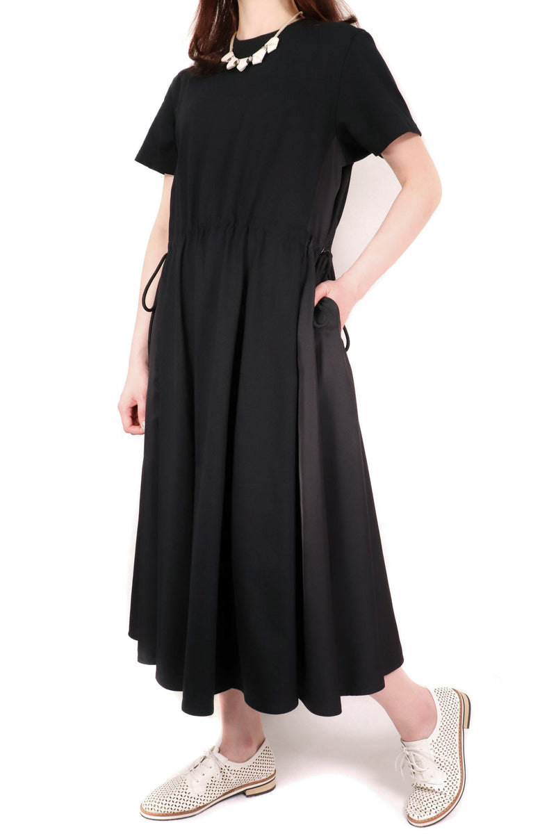 綁繩拼風衣料連身裙 (拼日本布料) - 黑色 - Chic Collection