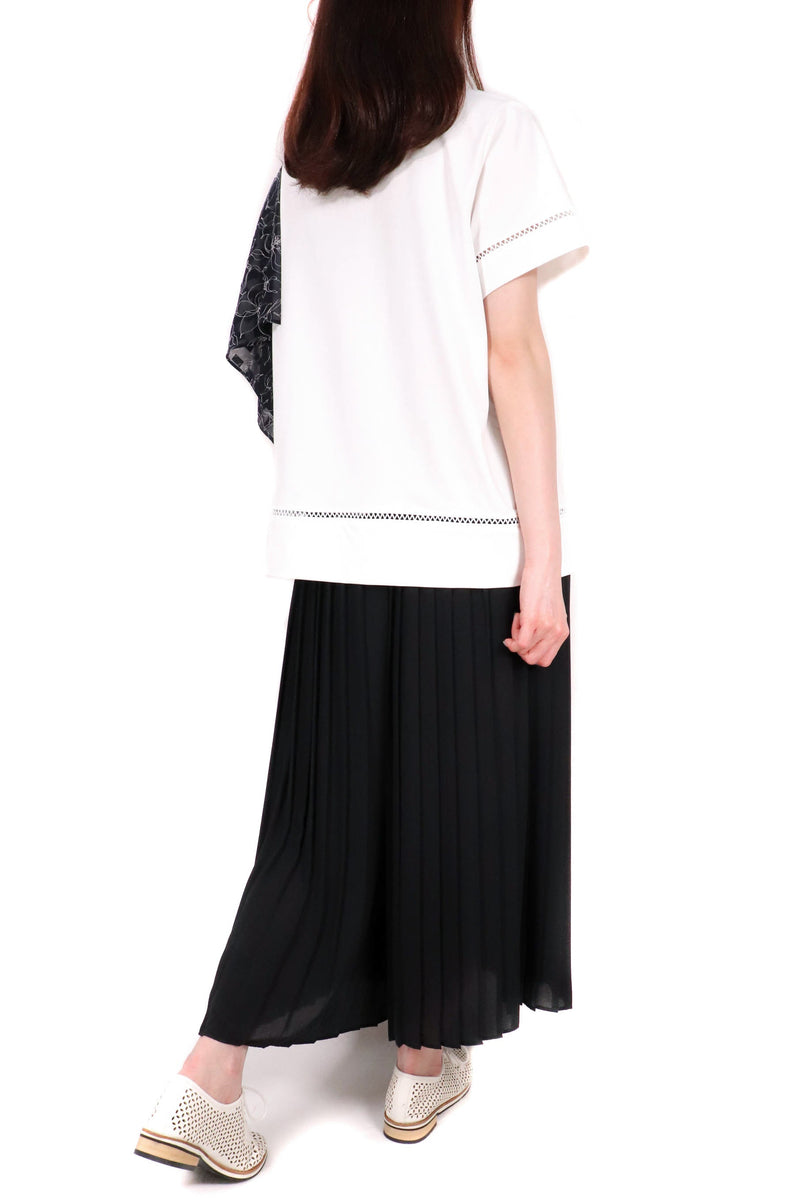 單膊花袖設計棉質上衣 (拼日本布料) - 白色 - Chic Collection