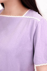 方領拼通花造型綿質上衣 - 紫色 - Chic Collection