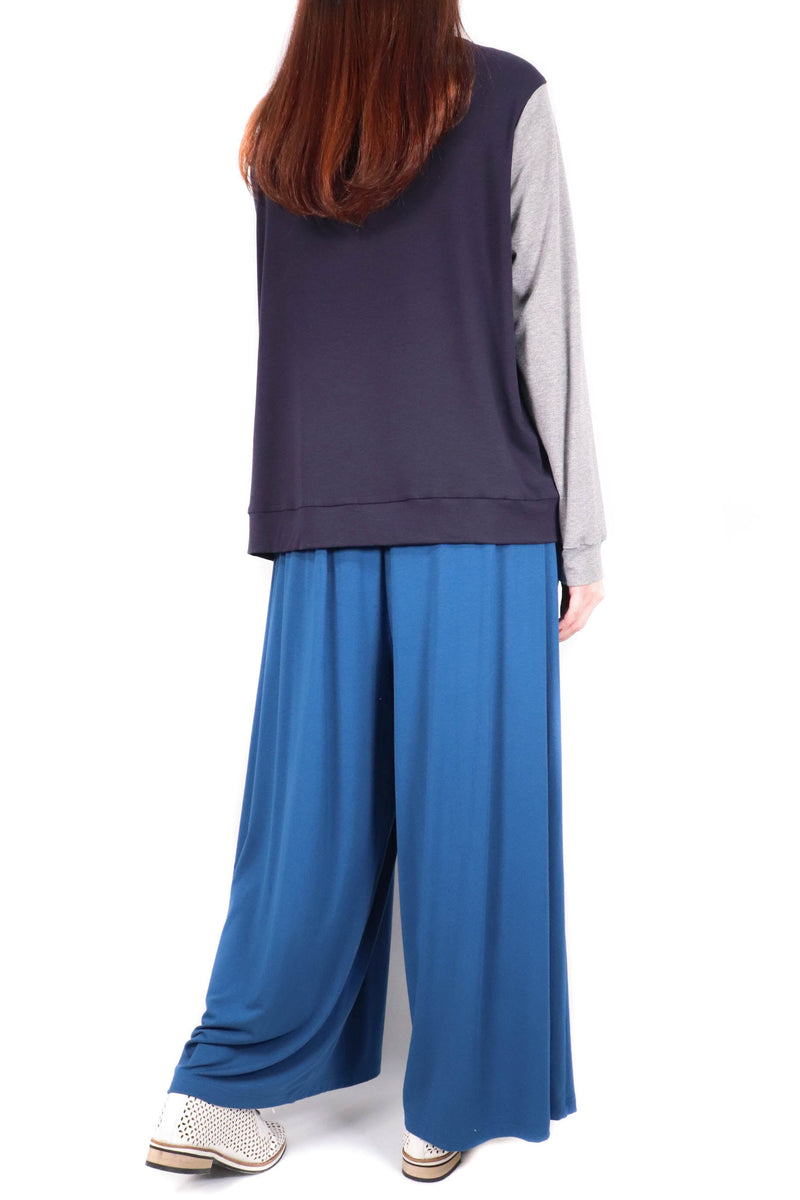 流線撞色軟彈棉質上衣 (日本布料) - 深藍色 - Chic Collection