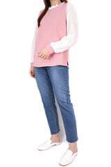 線袖木耳領棉質上衣 (拼日本布料) - 粉紅色 - Chic Collection