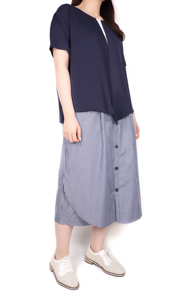 層次拼色雪紡上衣 (日本布料) - 深藍色 - Chic Collection