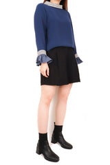 織紋領拼色袖三醋酸上衣 (日本布料) - 彩藍色 - Chic Collection