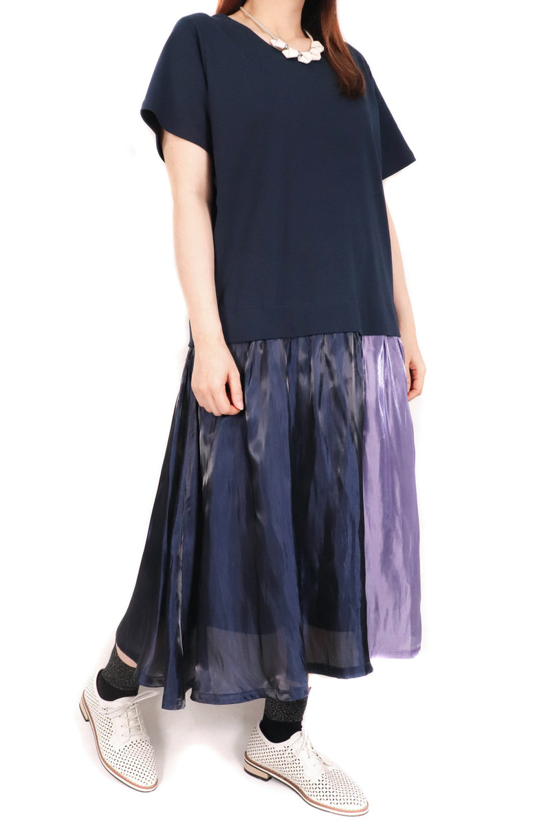 絲絹拼色連身裙 - 深藍色 - Chic Collection