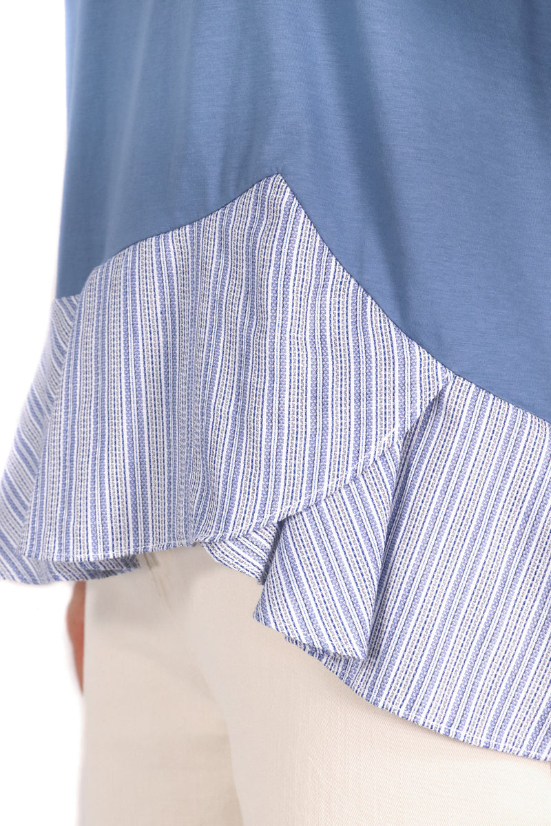 下層次直紋綿質上衣 (拼日本布料) - 藍色 - Chic Collection
