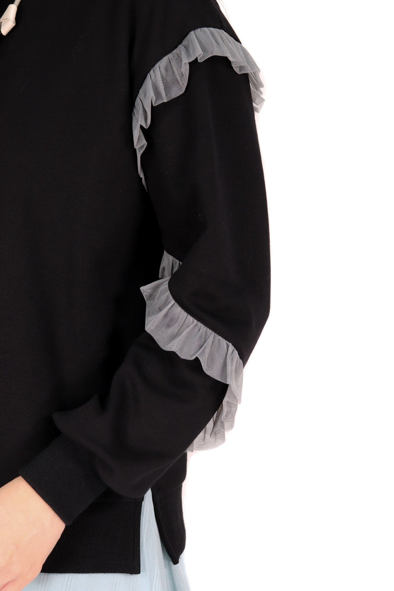 網紗拼袖綿質上衣(日本布料) - 黑色 - Chic Collection