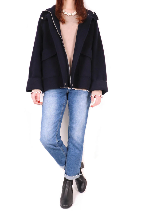 立領造型羊毛外套 (意大利布料) - 深藍色 - Chic Collection