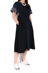 兩側風衣拼色束腰綿質連身裙 - 深藍色 - Chic Collection