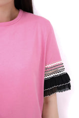 百摺拼袖綿質上衣 - 粉紅色 - Chic Collection