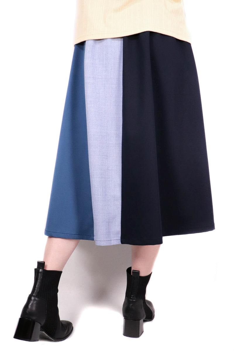 三色接拼半截裙 (日本布料) - 深藍色 - Chic Collection