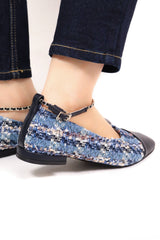 織紋布平底鞋 (配可拆式腳鍊) - 藍色 - Chic Collection