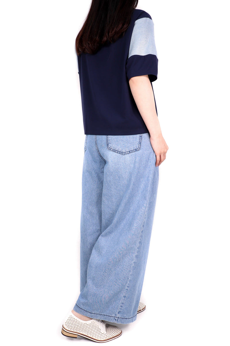 金閃立體袖綿質上衣 (日本拼意大利布料) - 深藍色 - Chic Collection