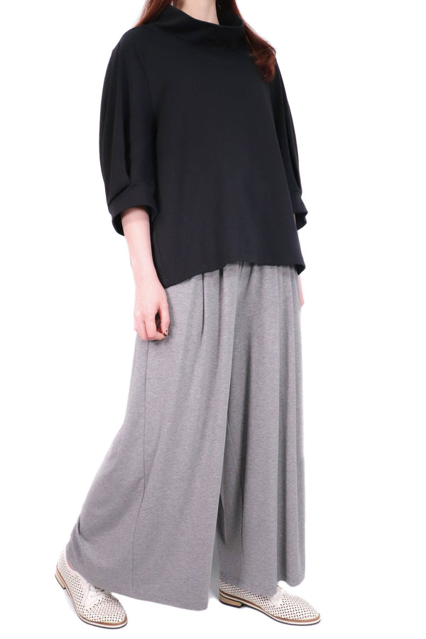 立領燈籠袖棉質上衣 (日本布料) - 黑色 - Chic Collection
