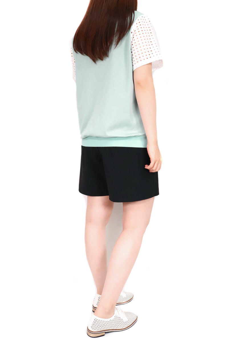 通花袋拼袖綿質上衣 (拼日本布料) - 綠色 - Chic Collection