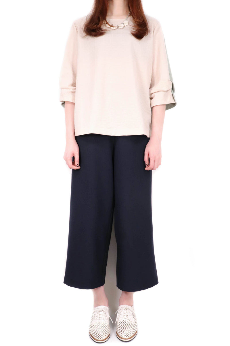 前後兩著扭結袖上衣 (日本布料) - 米拼綠色 - Chic Collection