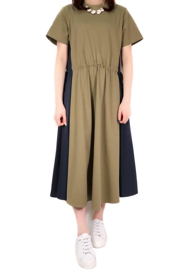 綁繩拼風衣料連身裙 (拼日本布料) - 綠色 - Chic Collection