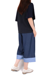 簡約傘袖接拼綿質上衣 - 深藍色 - Chic Collection