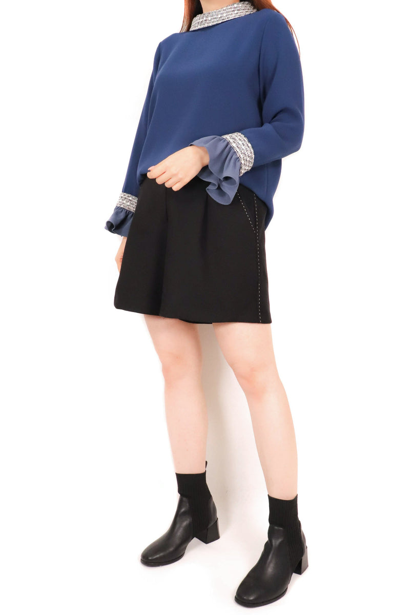 織紋領拼色袖三醋酸上衣 (日本布料) - 彩藍色 - Chic Collection