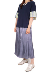 螢光綠條拼袖綿質上衣 (日本布料) - 深藍色 - Chic Collection