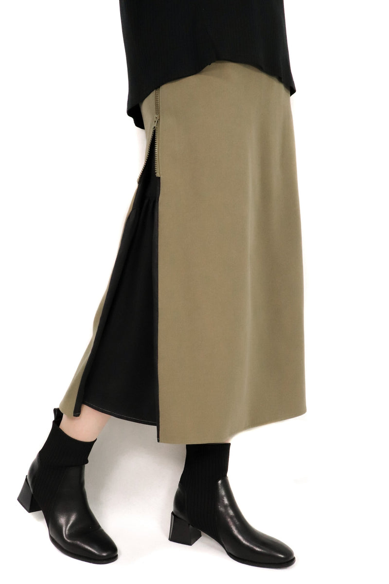 兩側拉鍊接拼仿麂皮半截裙 (日本布料) - 綠色 - Chic Collection