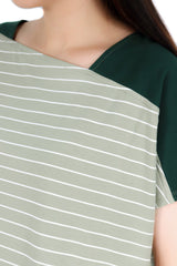 斜領撞色橫間綿質上衣 - 抹茶綠色 - Chic Collection