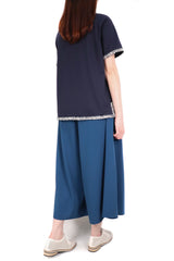 織紋帶圍邊棉質上衣 - 深藍色 - Chic Collection