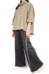 立領燈籠袖棉質上衣 (日本布料) - 綠色 - Chic Collection