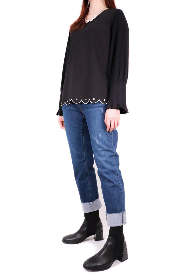 波浪造型打摺袖上衣 (日本布料) - 黑色 - Chic Collection