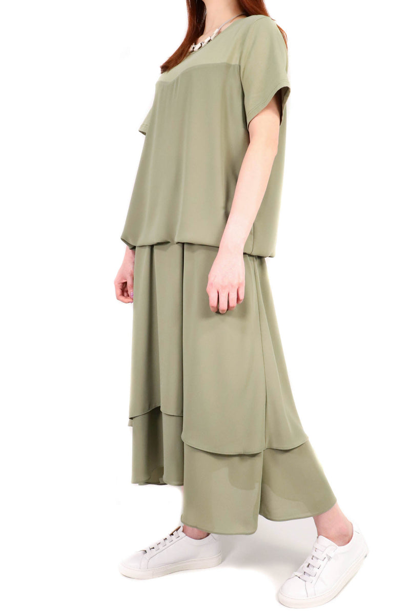 雪紡假兩件束帶連身裙 - 抹茶綠色 - Chic Collection