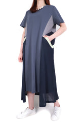 撞色拼縐布顯瘦棉質連身裙 - 藍色 - Chic Collection