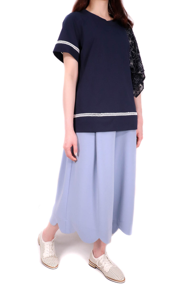 單膊花袖設計棉質上衣 (拼日本布料) - 深藍色 - Chic Collection