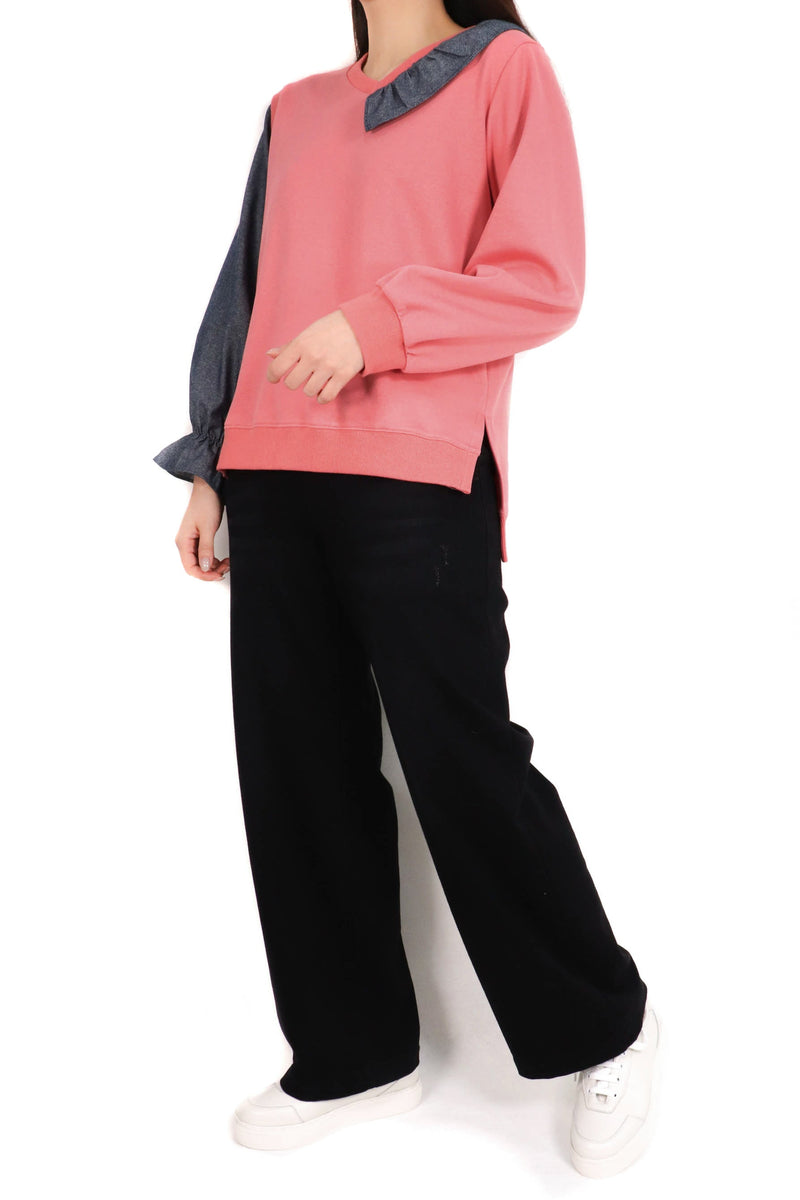 V領拼單袖牛仔布綿質上衣 (拼日本布料) - 粉紅色 - Chic Collection